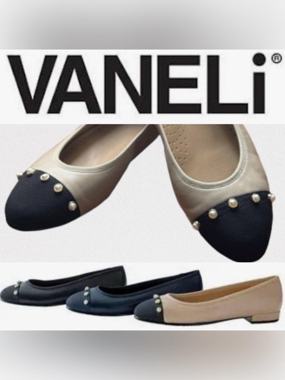 Vaneli Black and Cream Flats with Studded Toe Cap